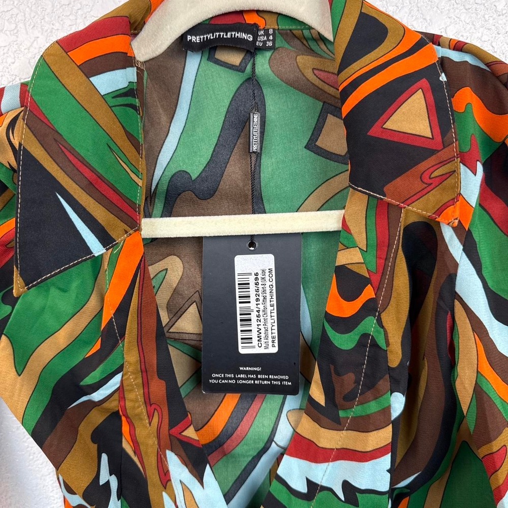 PrettyLittleThing Retro Abstract Print Matching Set Blouse Pants Multi US 4 NEW